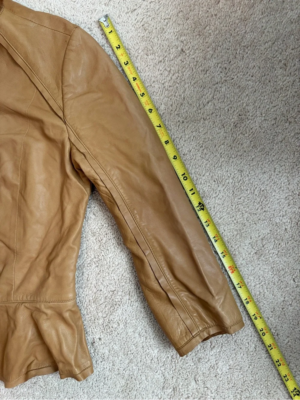 Tory Burch Ruffle Leather Jacket Tan Cognac Brown 3/4 Sleeve Full Zip Women Sz 6